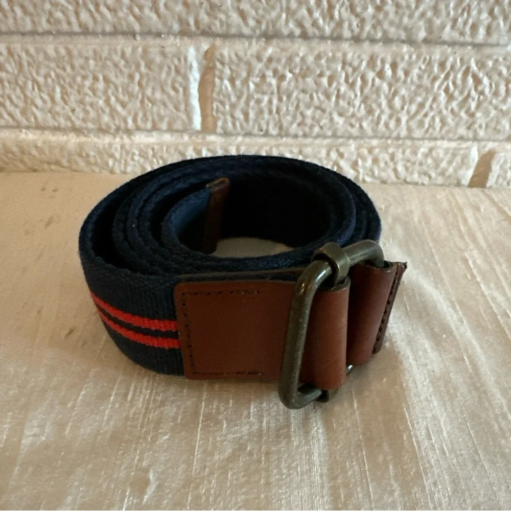1969 Men's Navy Canvas RED STRIPE LEATHER BELT MADE IN USA LARGE